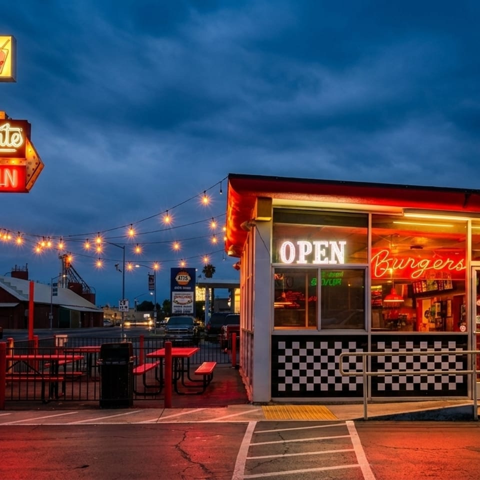 Snow White Drive-In restaurant at dusk, with neon signs glowing red and yellow against a dark sky.