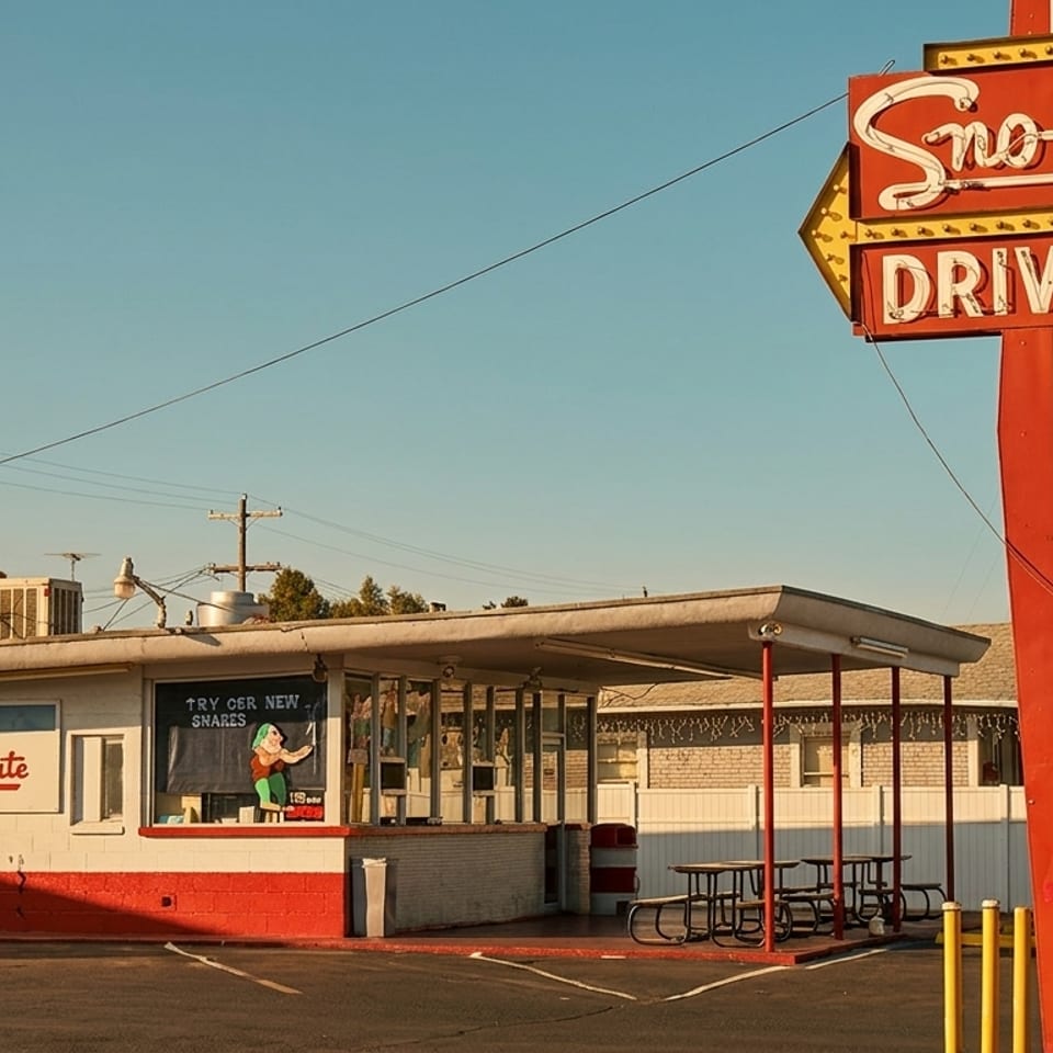 Vintage Sno-white Drive-In restaurant with a large red and white sign under a clear sky.