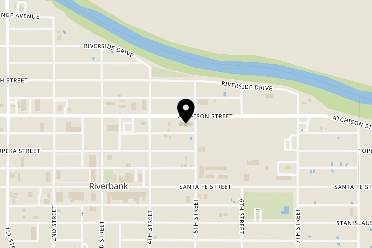 Map showing the location of Sno-white Drive-In Riverbank on 3442 Atchison St in Riverbank